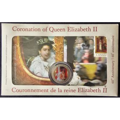 2013 - Her Majesty Queen Elizabeth II Coronation - Coloured Coin 25 Cents & Stamp