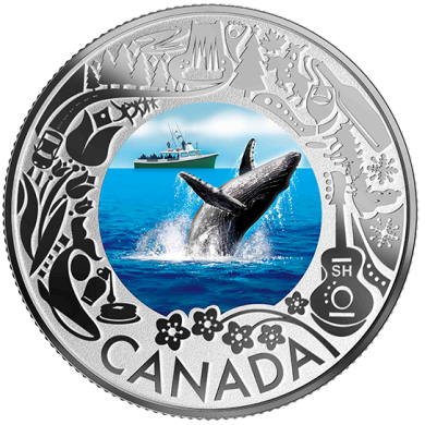 2019 - $3 - Pice colore en argent pur  Petits bonheurs de la vie au Canada : Observation de baleines