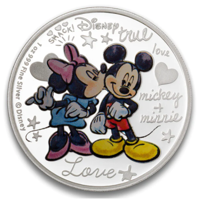 2015 Niue $2 Dollars - 1 oz. Fine Silver Coloured Coin  Mickey & Minnie Mouse Crazy in Love  Mintage: 10,000