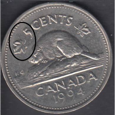 1994 - Double Maple Leaf & '5' - Canada 5 Cents