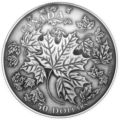 2018 - $50 - 5 oz. Pure Silver Convex Coin - Maple Leaves in Motion