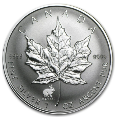 1999 Canada $5 Dollars Maple Leaf 99,99% Fine Silver 1 oz Coin - Rabbit Privy Mark *** COIN MAYBE TONED ***