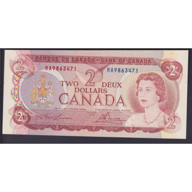 1974 $2 Dollars - AU/UNC - Lawson Bouey - Prfixe RA - Mal Dcoup