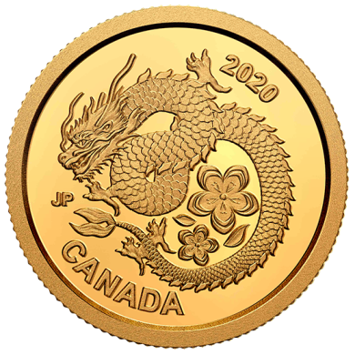 2020 - $8 - Pice en or pur  Dragon porte-bonheur et ses fleurs