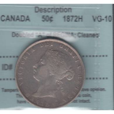 1872 H - Double 'A' of Regina - Cleaned - VG-10 - CCCS - Canada 50 Cents