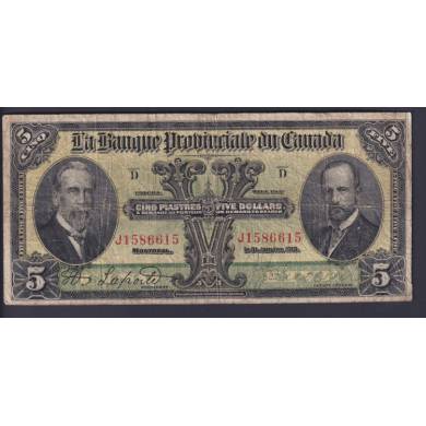 1919 $5 Dollars - Green Tint -  La Banque Pronvincial du Canada