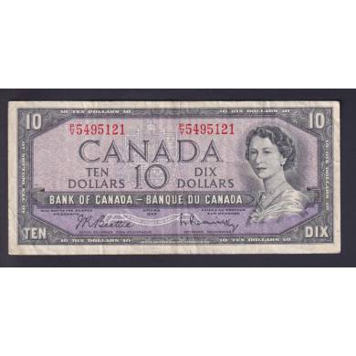 1954 $10 Dollars - F/VF - Beattie Rasminsky - Prefix P/V