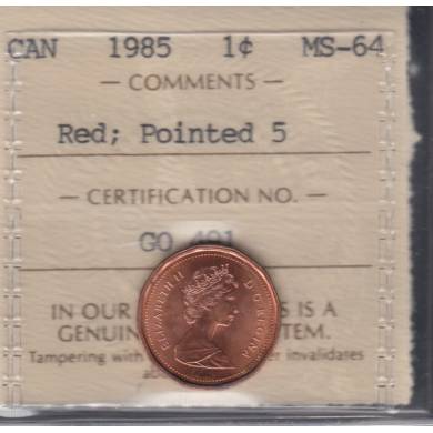 1985 - MS 64 - Pointed 5 - Red - ICCS - Canada Cent