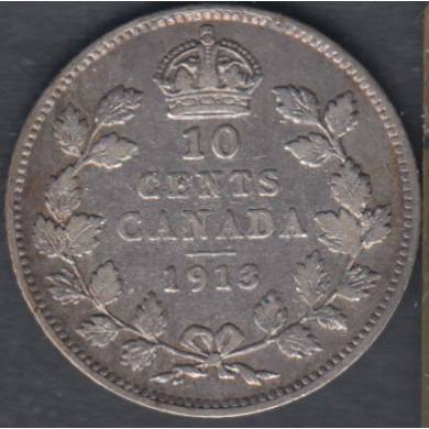 1913 - VF - Small Leaves - Scratch - Canada 10 Cents