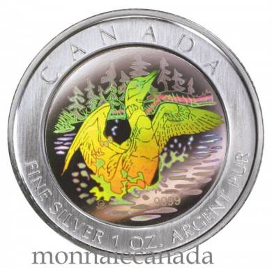 2002 - $5  Anniversary Loon hologram Pure Silver Coin