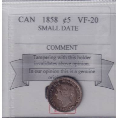 1858 - Small Date - VF 20 - CMG - Canada 5 Cents