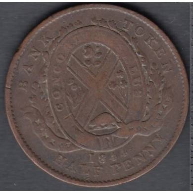 1844 - Fine - Rotated Dies - Half Penny Token Bank of Montreal - Province of Canada - PC-1B3