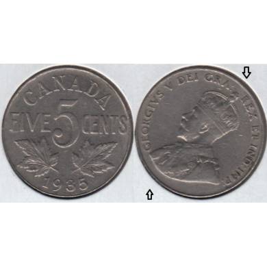 1935 - VF - Rotated Dies - See Photo - Canada 5 Cents