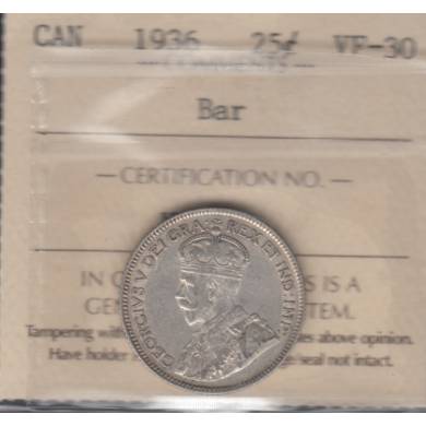 1936 - VF-30 - Bar - ICCS - Canada 25 Cents