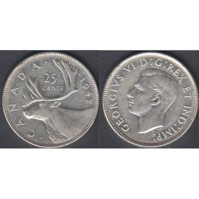 1947 - DOT - VF/EF - Rotated Dies - Canada 25 Cents