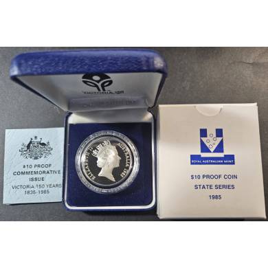 1985 - 1835 - $10 - Proof - Victoria 150 Years - Box & COA - Australia