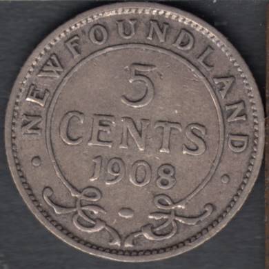1908 - VG - Scratch - 5 Cents - Newfoundland