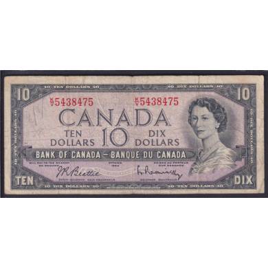 1954 $10 Dollars - Fine - Beattie Rasminsky - Prefix K/V