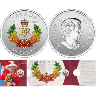 2012 - Emblme canadien du Jubil de diamant de la Reine - Pice de 50 cents colore, plaque argent
