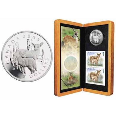2005 $5 Fine Silver Coin - Deer and Fawn Coin & Stamp - TAX Exempt