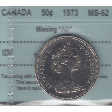 1973 - Missing 'AD' - MS-62 - CCCS - Canada 50 Cents