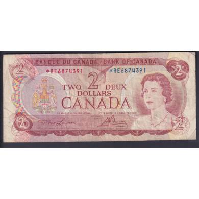 1974 $2 Dollars - Fine - Lawson Bouey - Prfixe *RE - Remplacement