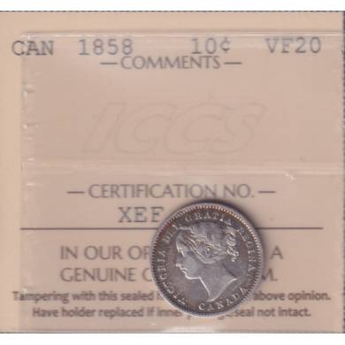 1858 - VF 20 - ICCS - Canada 10 Cents