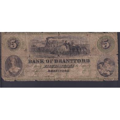 1859 $5 Dollars - Good-  Bank Of Brantford