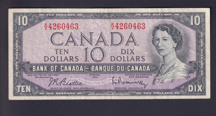 1954 $10 Dollars - VF/EF - Beattie Rasminsky - Préfixe K/V