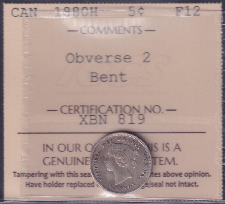 1880 H - F12 - OBS #2 - Bent - ICCS - Canada 5 Cents