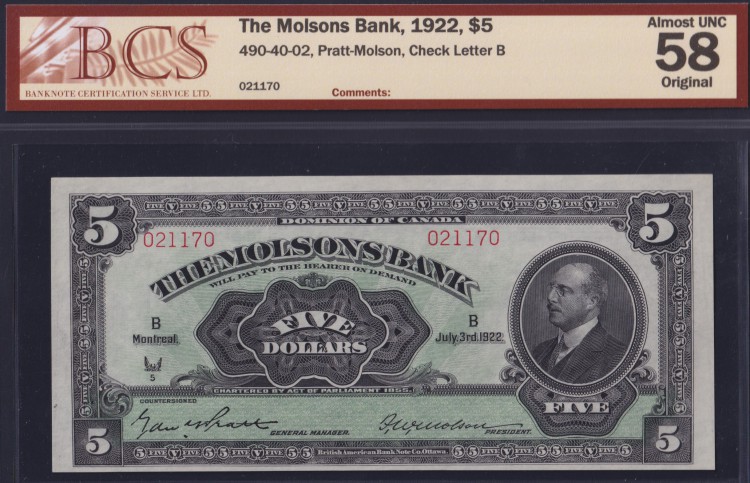 1922 $5 Dollars - AU 58 - The Molsons Bank - BCS Certified - CALL TO ORDER