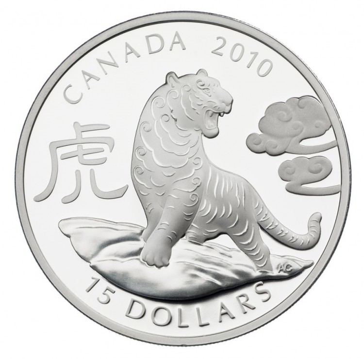 2010 - $15 Dollars - Fine Silver Coin - Year of the Tiger