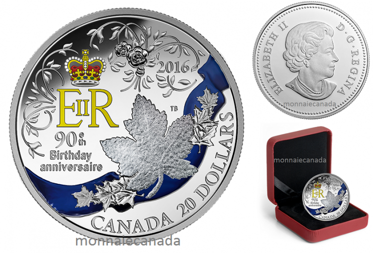 2016 - $20 - 1 oz. Fine Silver Coloured Coin – A Celebration of Her Majesty's 90th Birthday