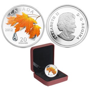2012 - $20 -  Pièce en argent fin - feuille d'érable avec goutte de cristal