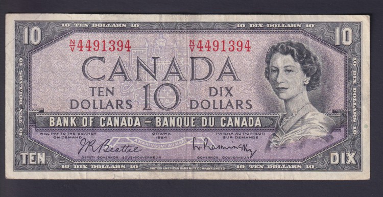 1954 $10 Dollars - VF - Beattie Rasminsky - Préfixe N/V