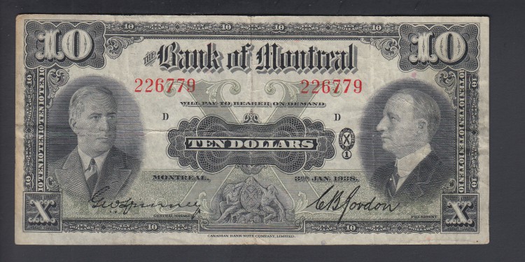 1938 $10 Dollars - VF - Bank of Montreal