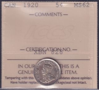 1920 - MS 62 - ICCS - Canada 5 Cents