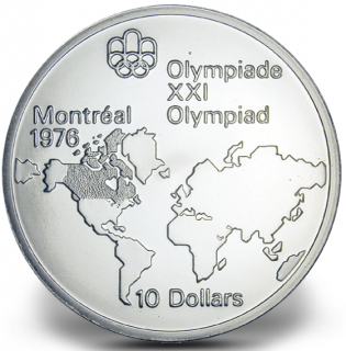 1976 - #01 (1973) -$10 - Sterling Silver Coin, Montreal Summer Olympic Games, Map of the World