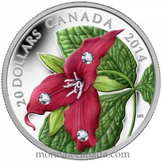 2014 - $20 - 1 oz. Fine Silver Coin - Red Trillium with Swarovski Crystal Dew Drop Elements