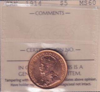 1914 - MS 60 - ICCS - Canada $5 Dollars - Piece Or - APPELER POUR COMMANDER