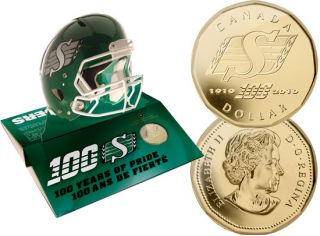 2010 $1 Saskatchewan Roughriders Pop Up Football Helmet with Dollar Gold Plated