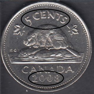 2008 - Double 'Date' & '5 Cents' - Canada 5 Cents