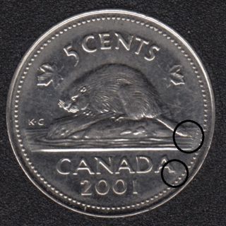 2001 P - Bug Tail + Dot on 'A' - Canada 5 Cents
